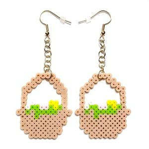 Handmade Mini Perler Bead Brown/Green Easter Basket Earrings. New